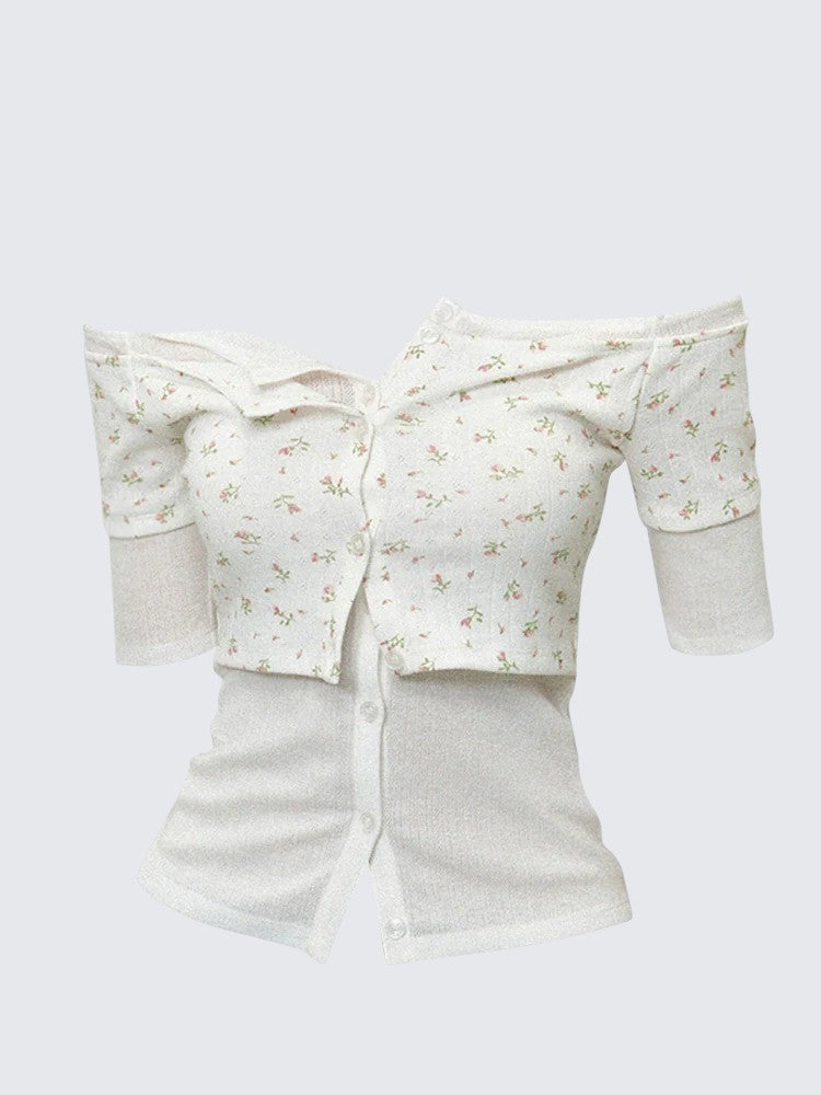 Off-Shoulder Faux Two-Piece Colorblock Tee