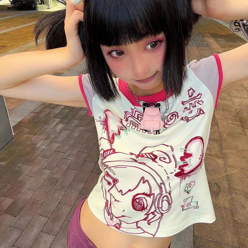 Tietie Girl (贴贴女孩) Subculture Y2K E-girl Retro Color-Block Cartoon Print Slim Short Top