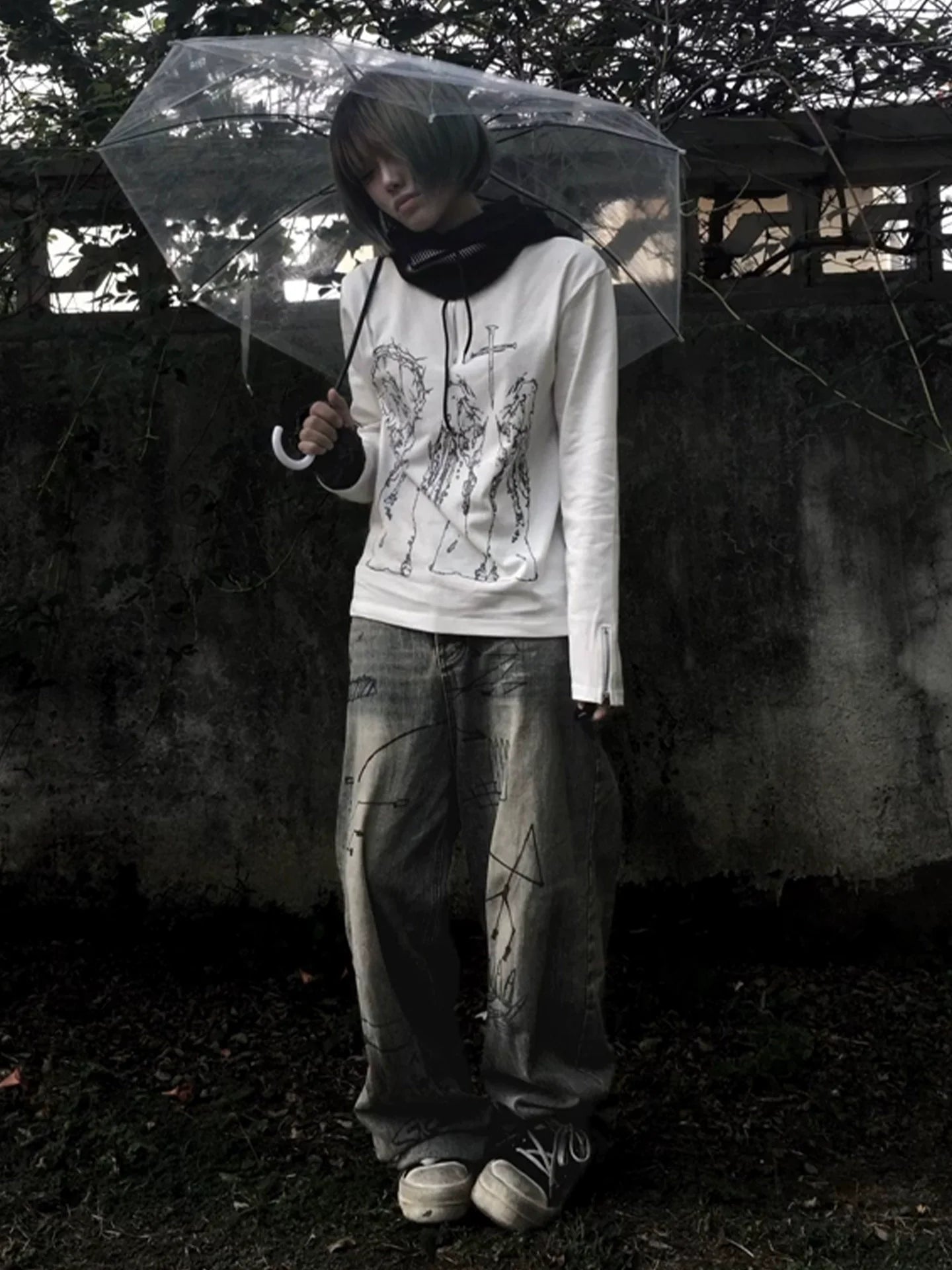 Y2K White Shoulder Heavy Henley Long Sleeve Top