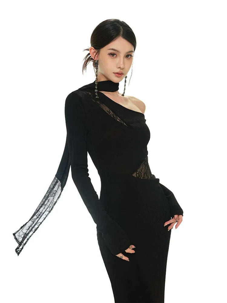 Black Shimmering Lace-Paneled Off-The-Shoulder Slim-Fit Knit Evening Dress