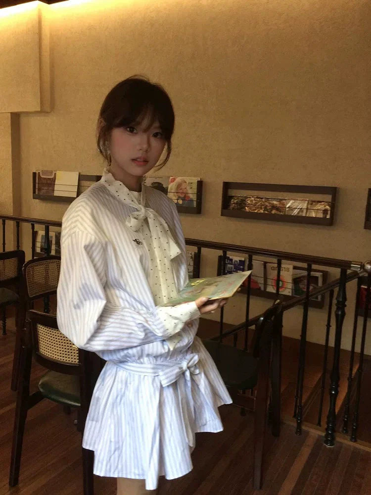 Korean-Style Polka Dot Cardigan + Stripe Dress Two-Piece Set