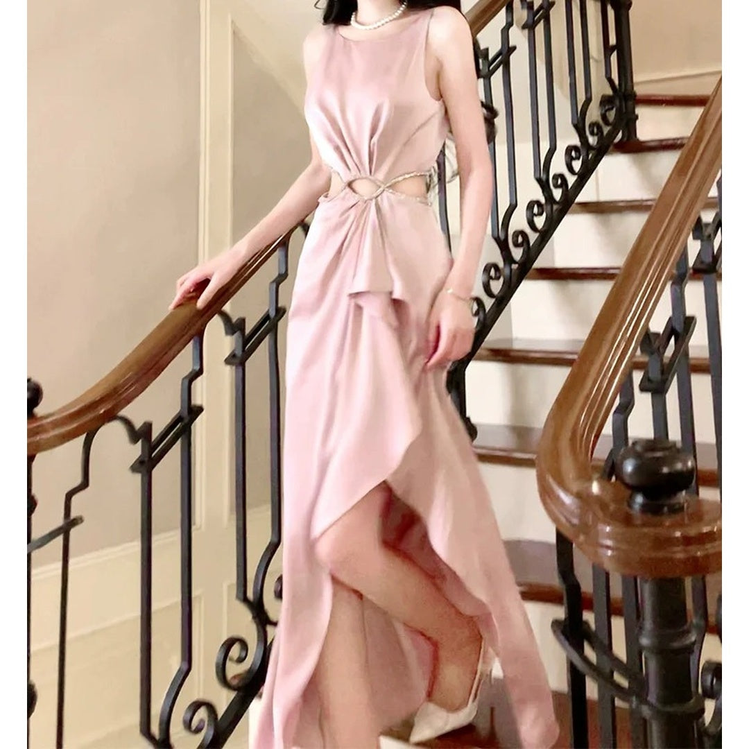 Zirconia Cutout Waist Satin Gown Dress