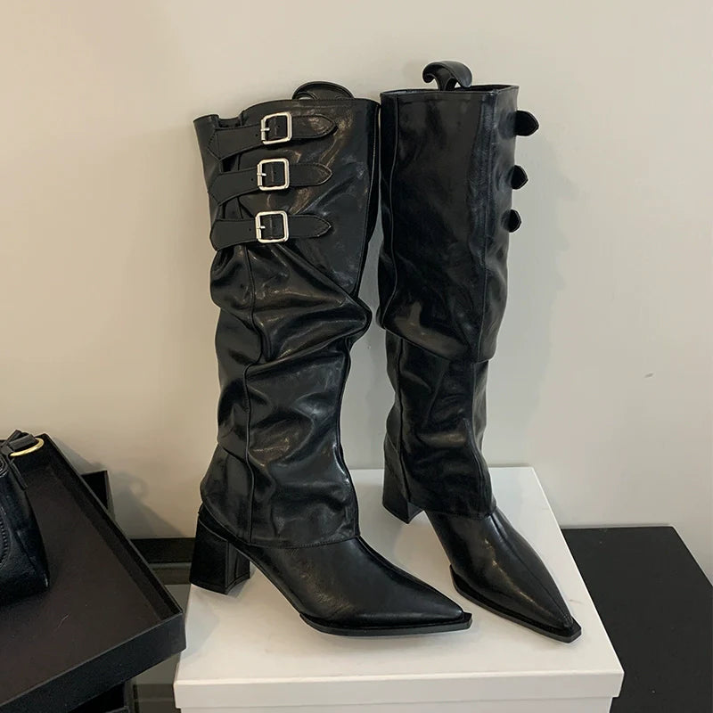 Pointed Toe Two Way High Heel Knee High Boots 2025 Fall Winter New Spicy Girl Vibe Slouchy Ruffled Chunky Heel Cowboy Boots