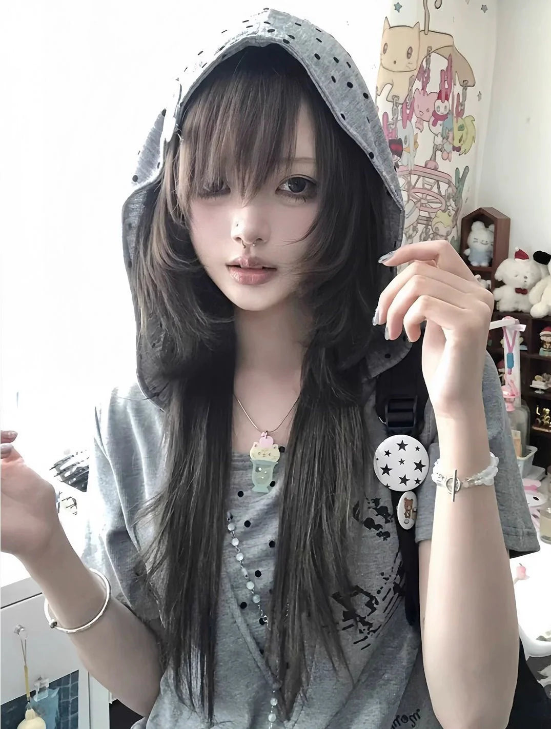 Gray Hooded Y2K T-Shirt