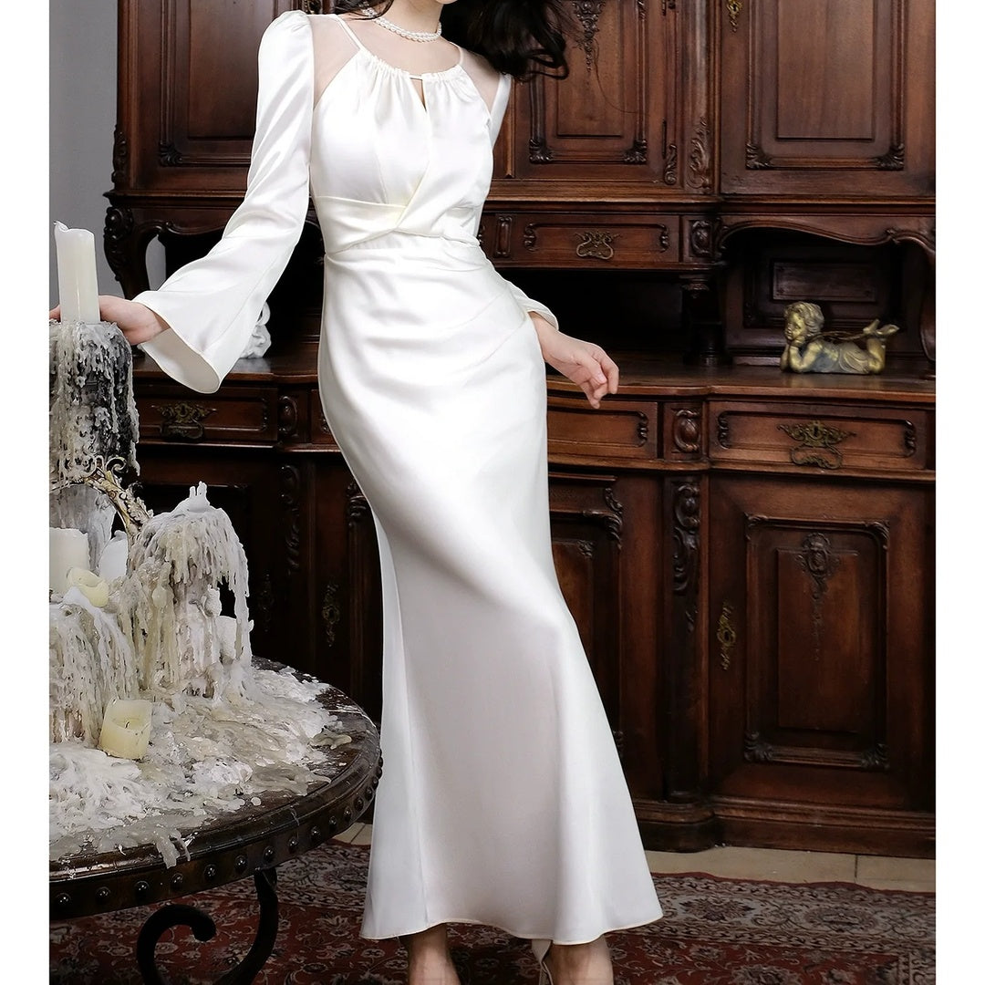 French Satin Long Sleeve Bodycon Birthday Gown Dress