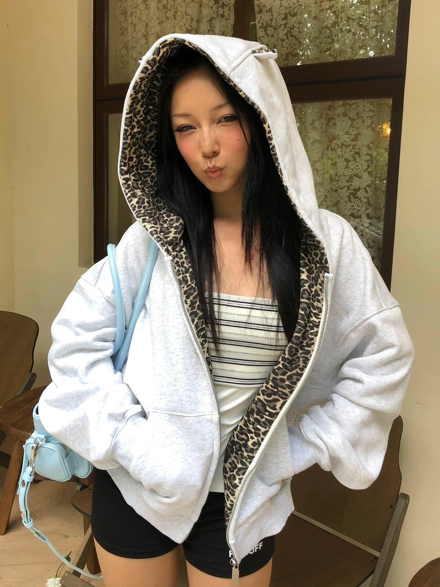 Retro Leopard Ear Hoodie Zip Up Top