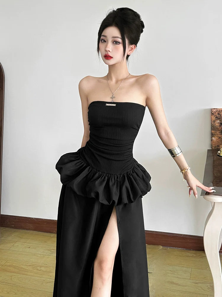 French Chic Black Fake Two-Piece Tube Top High-Slit Maxi Dress