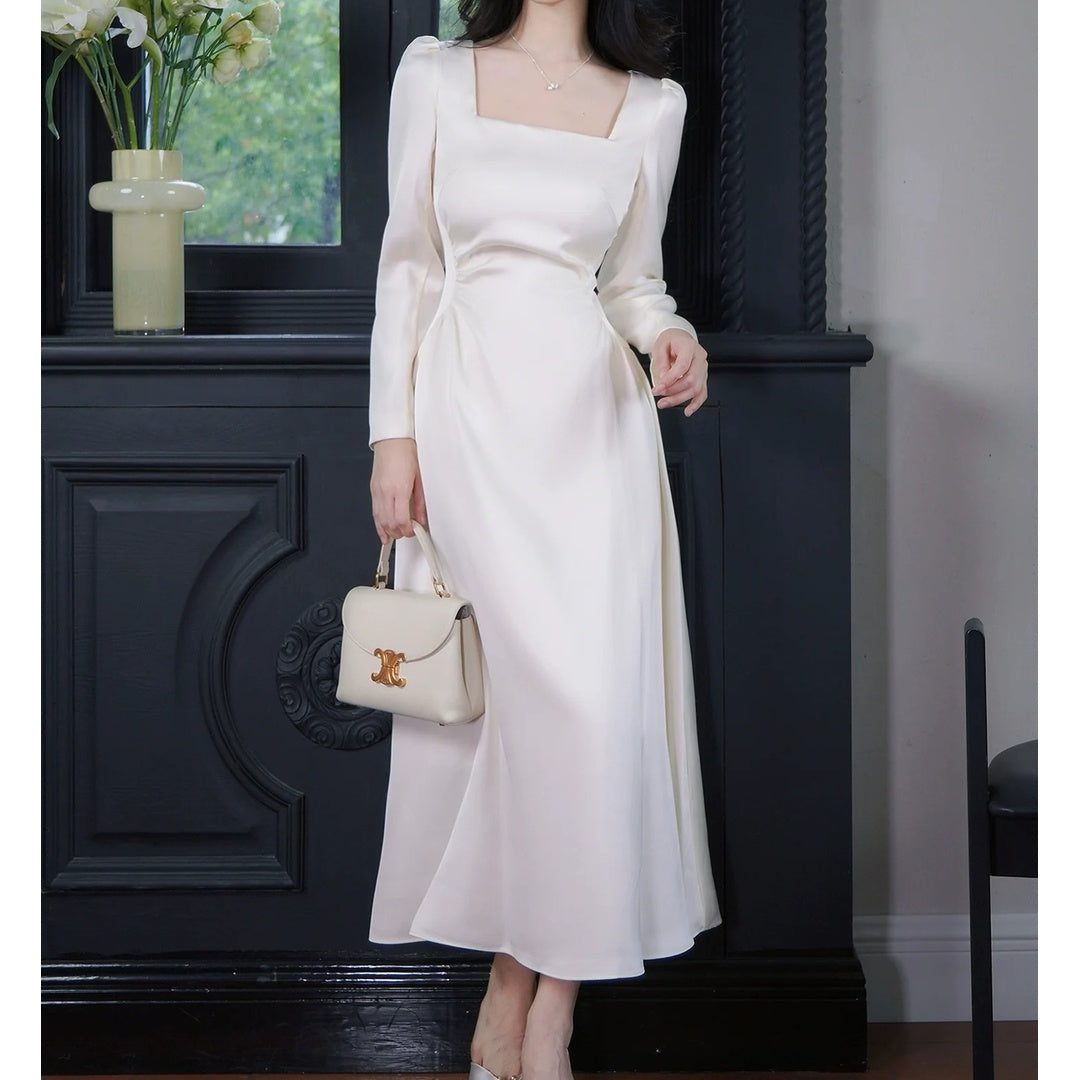French Satin Square Neck A-Line Long Sleeve Gown Dress