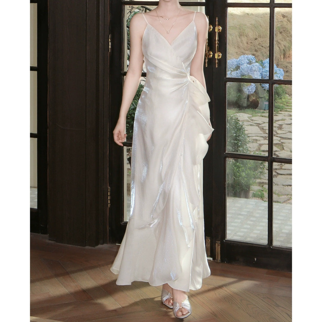 French Satin Spaghetti Gown Dress – High-End Fitted Party Dress