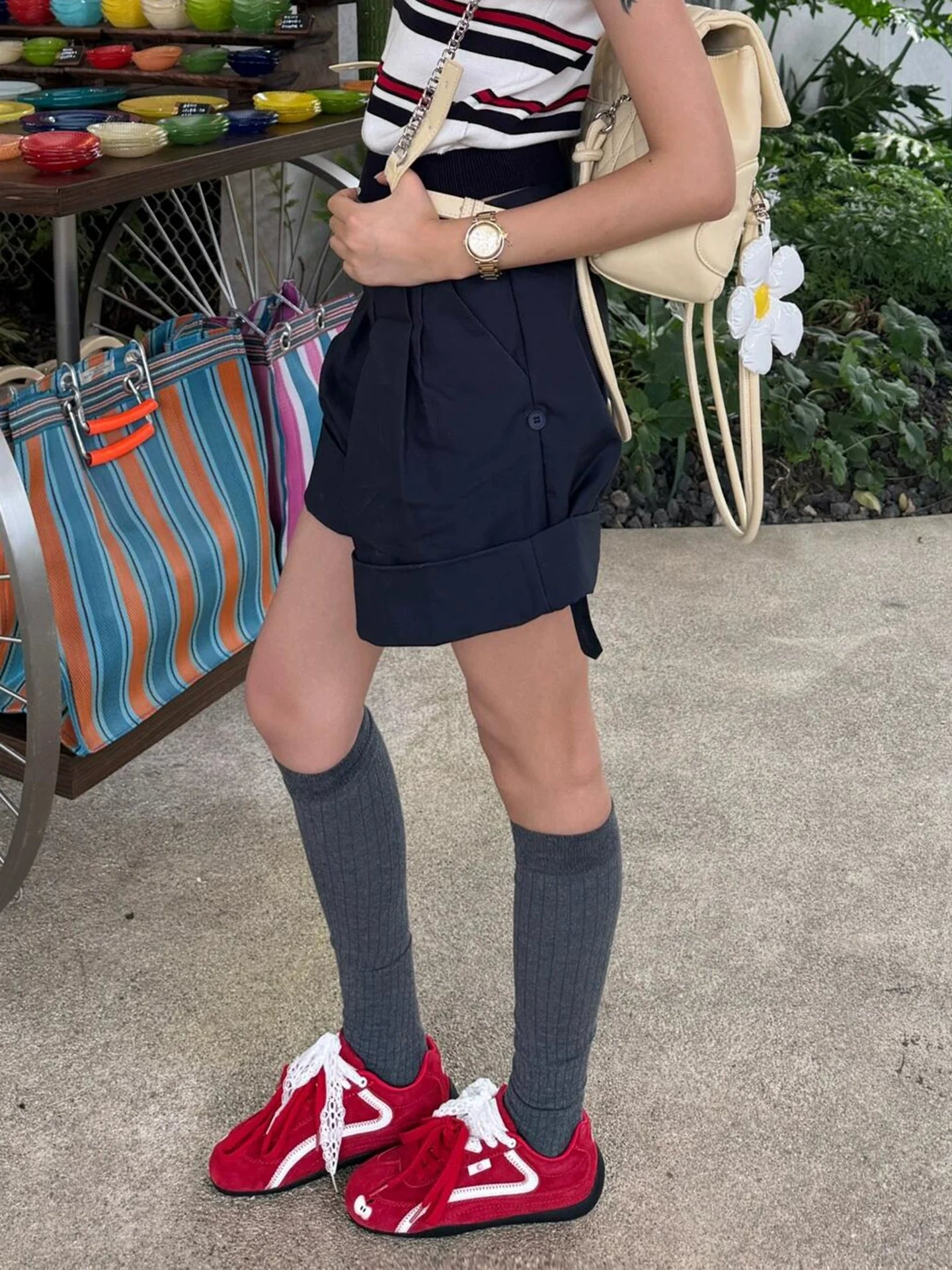 Navy Tailored High Waist Shorts Summer Loose Pants