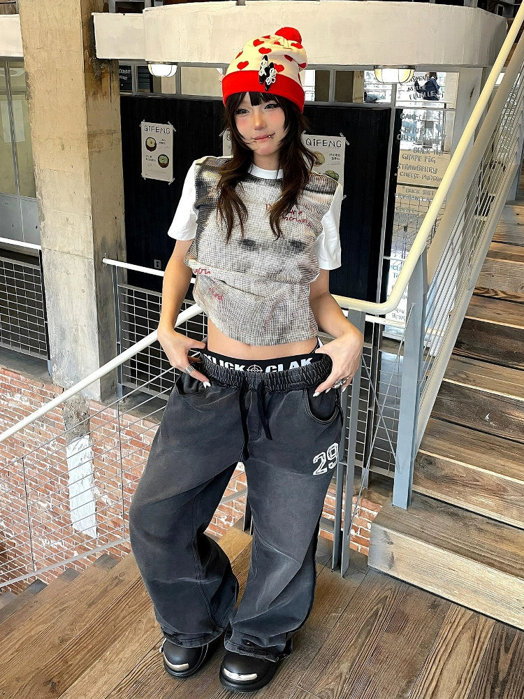 Retro White Cat Print Short Sleeve Slim Fit Top