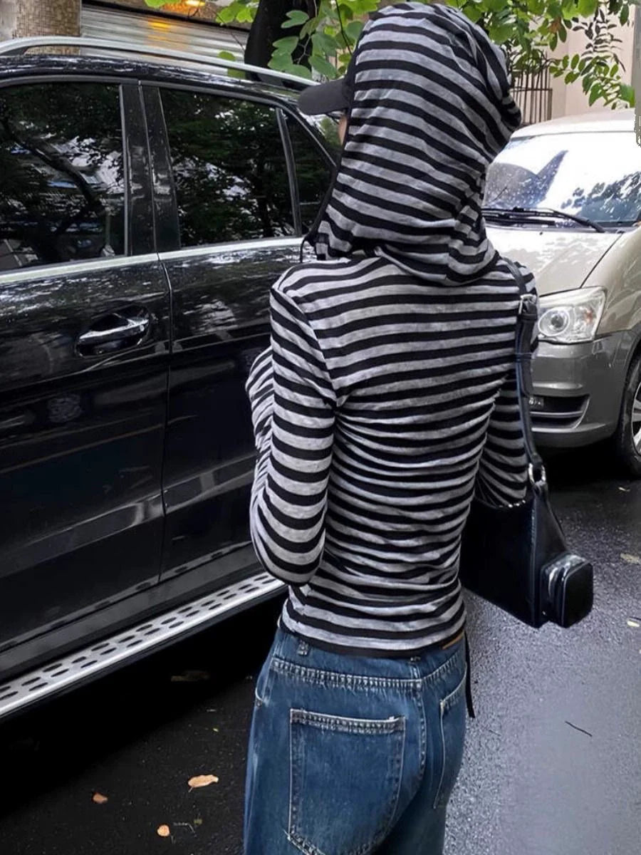 Black & Gray Striped Hooded Light Subculture Y2K E-girl American Retro Long Sleeve Top