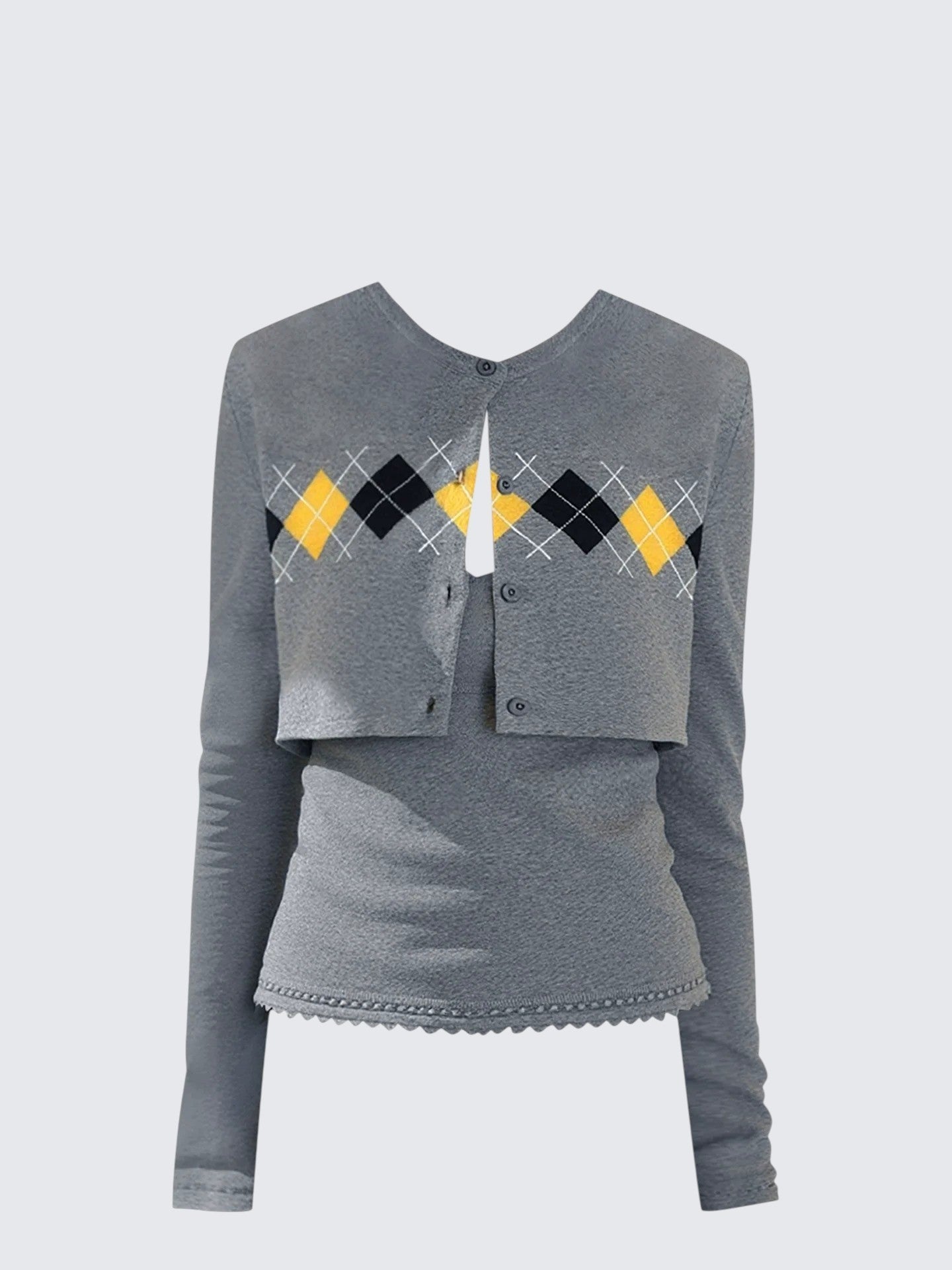 Korean Retro Diamond Knit Cardigan Set