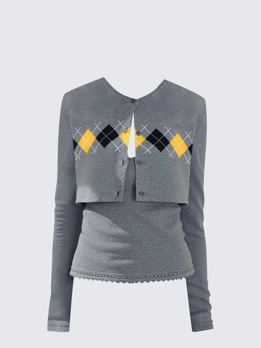 Korean Retro Diamond Knit Cardigan Set