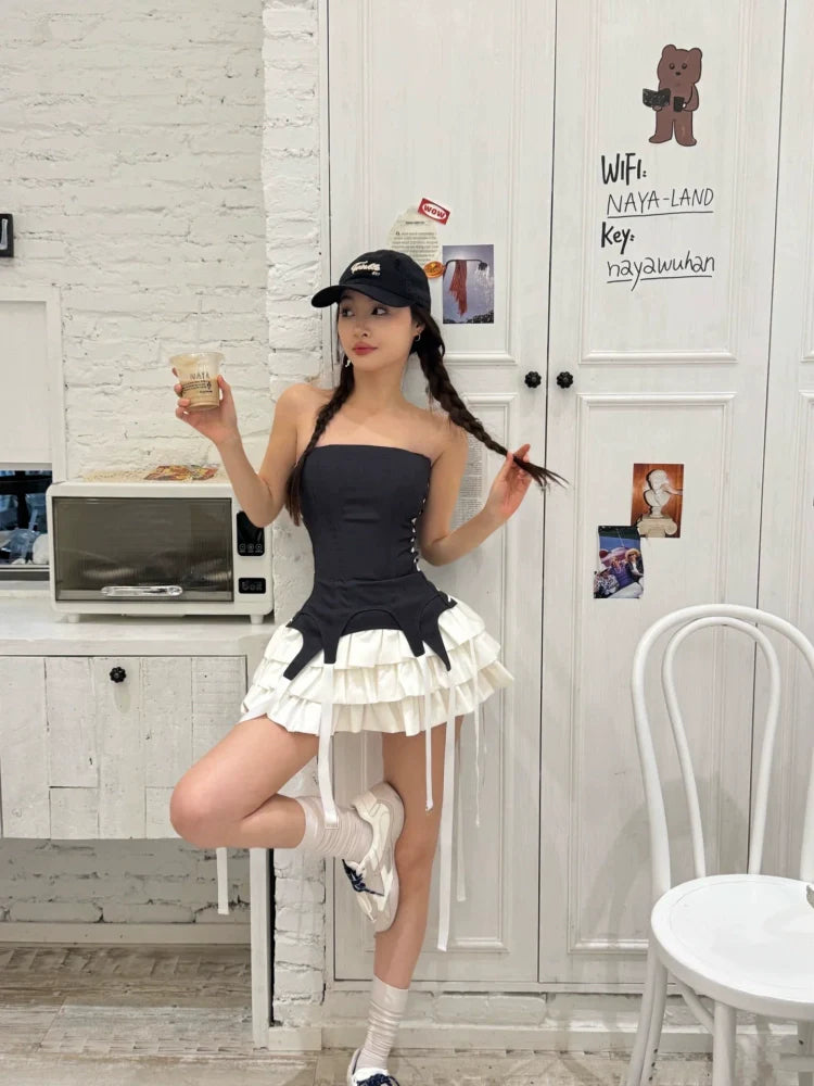 American-Style Tube-Top Sexy Tiered Fake Two-Piece Petite-Friendly Summer Mini Dress