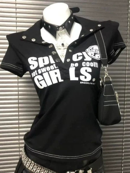 Black Gothic Letter Print Tee Y2K Top