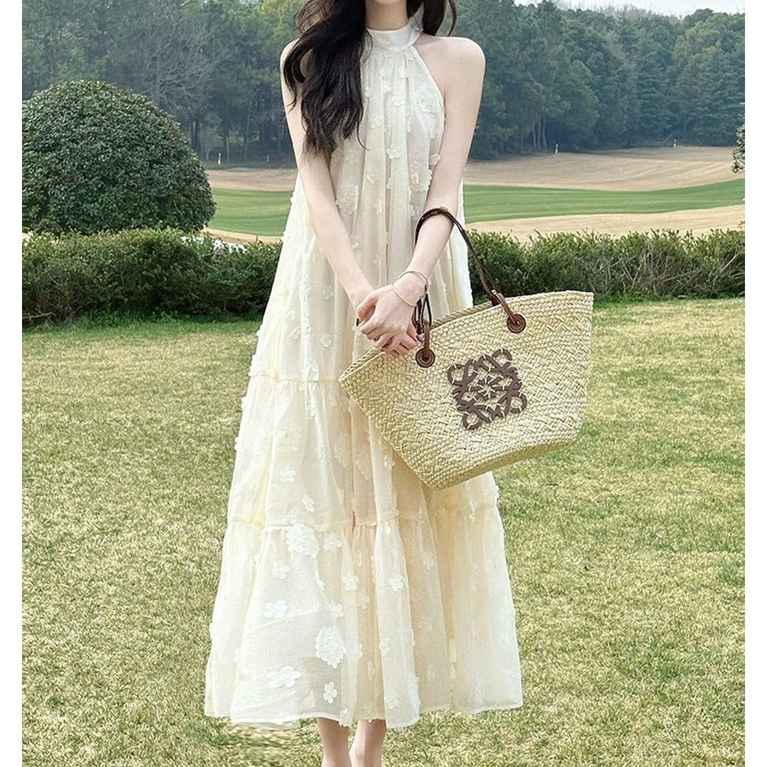 White Embroidered Halter Floral Tulle Gown Dress