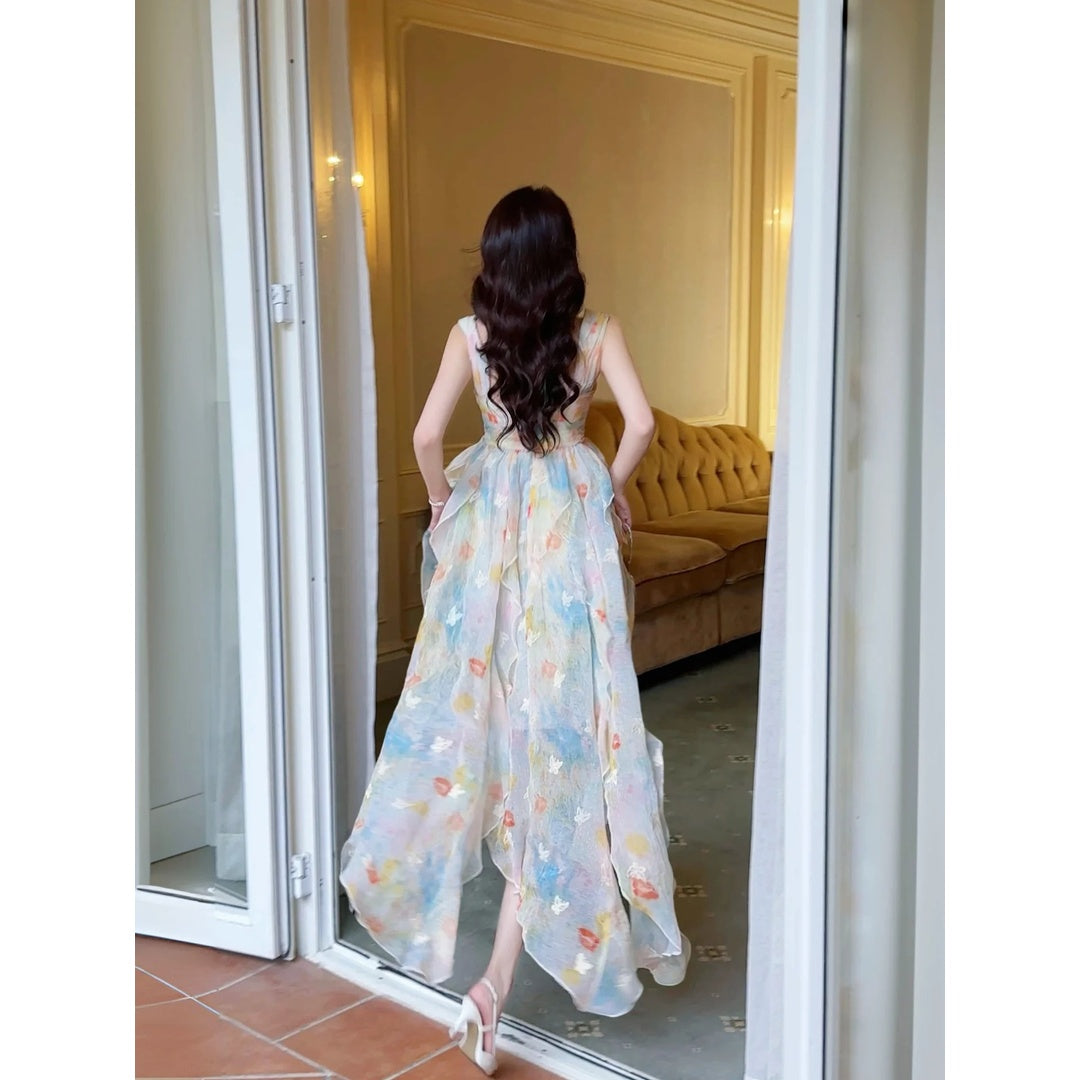 French Ruffle Butterfly Embroidered Spaghetti Strap Gown Dress