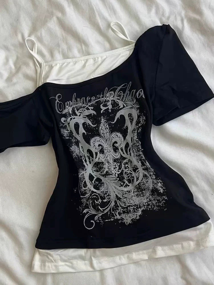 Black Subculture Y2K Abi E-girl American Retro Fake Two-Piece Asymmetrical Shoulder Print Short Sleeve Top