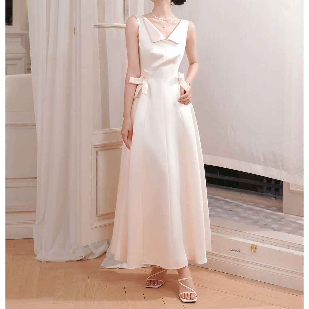 French White Satin V-Neck Sleeveless Butterfly Gown Dress