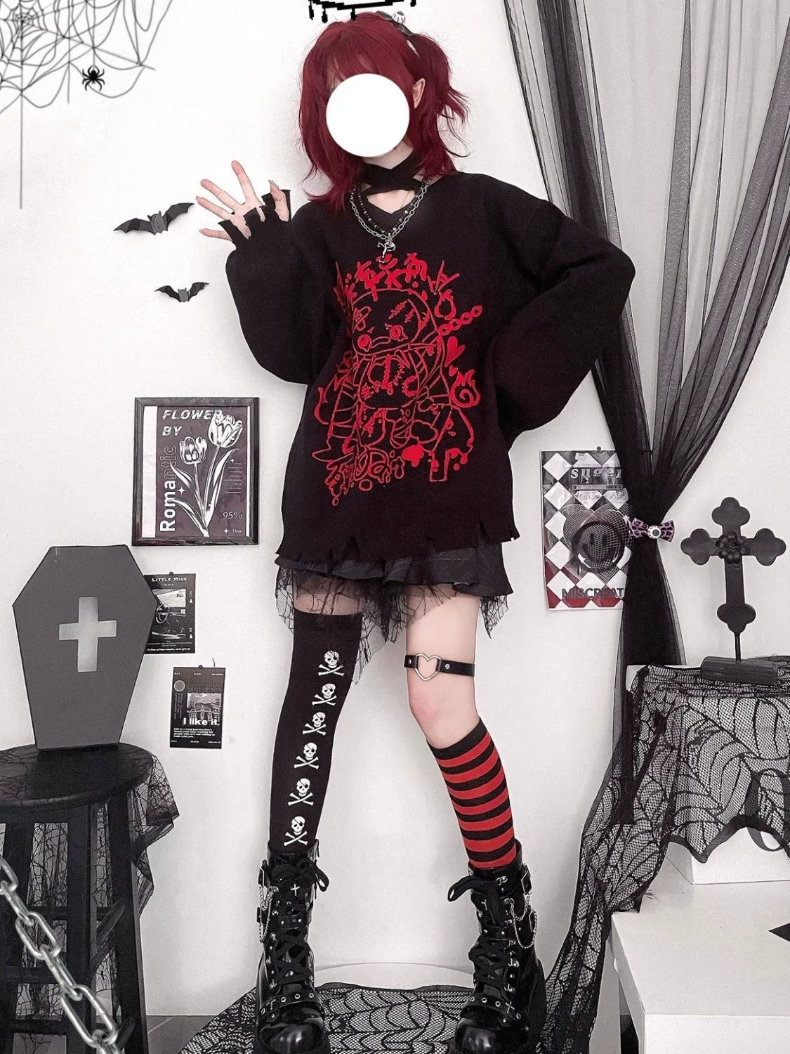Y2K Punk Bandage Bunny V-Neck Black-Red Sweater