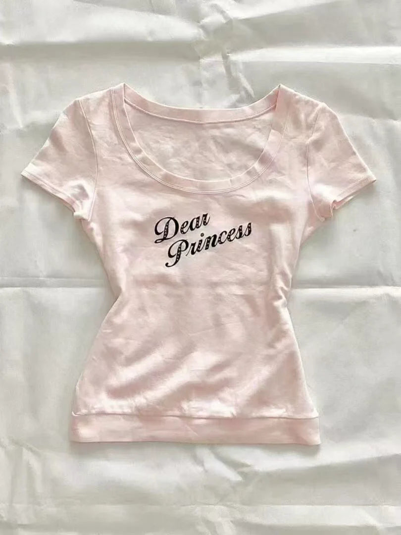 Pink Subculture Y2K E-girl Abi American Retro Vintage Letter Print Short Sleeve Top