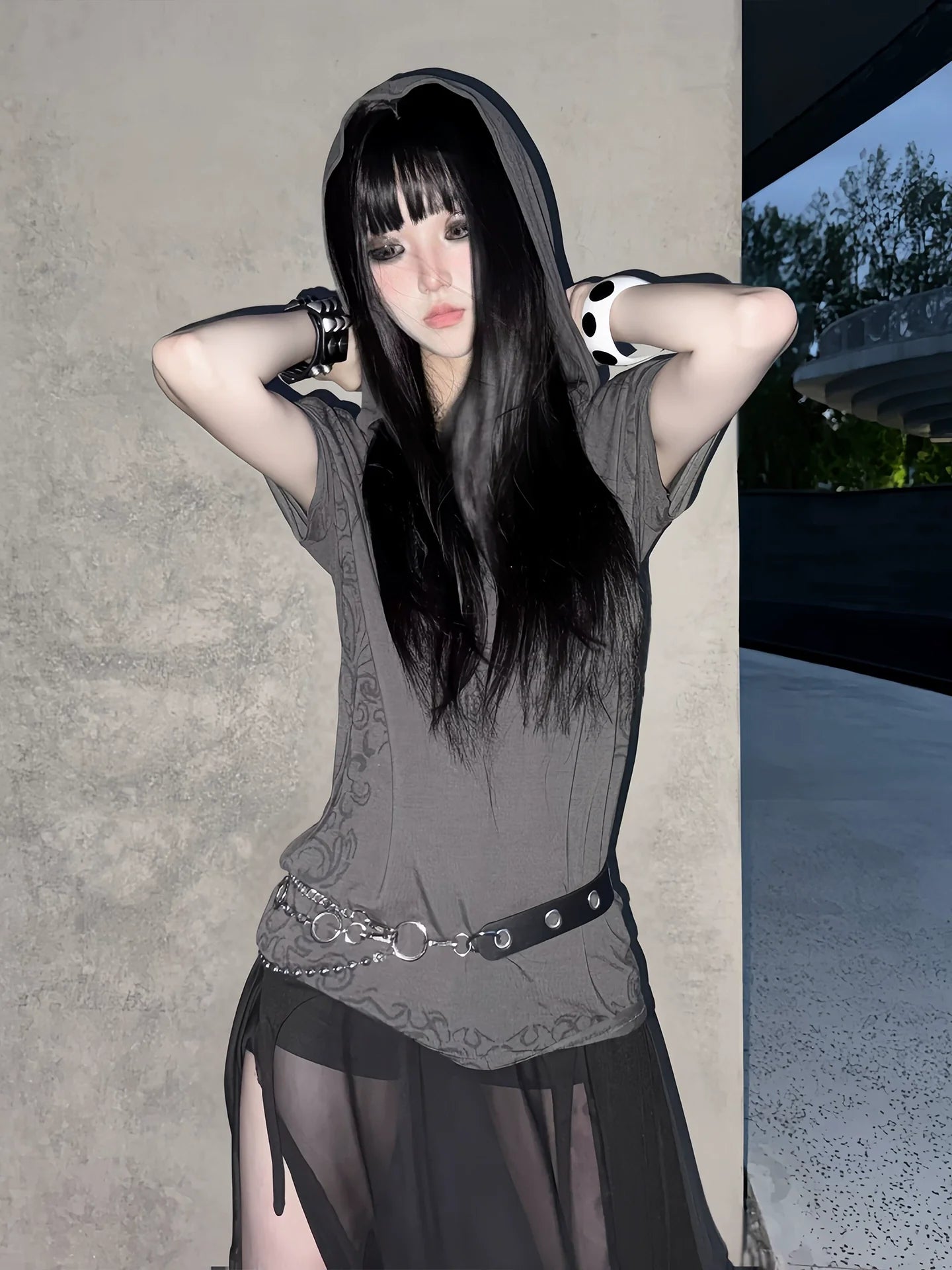 Punk Visual Kei Short Sleeve Hoodie Sketch Print Shoulder T Shirt