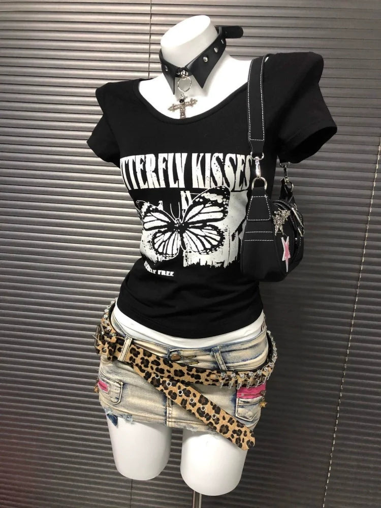 Black American Vintage Old-School Print Y2K T-Shirt