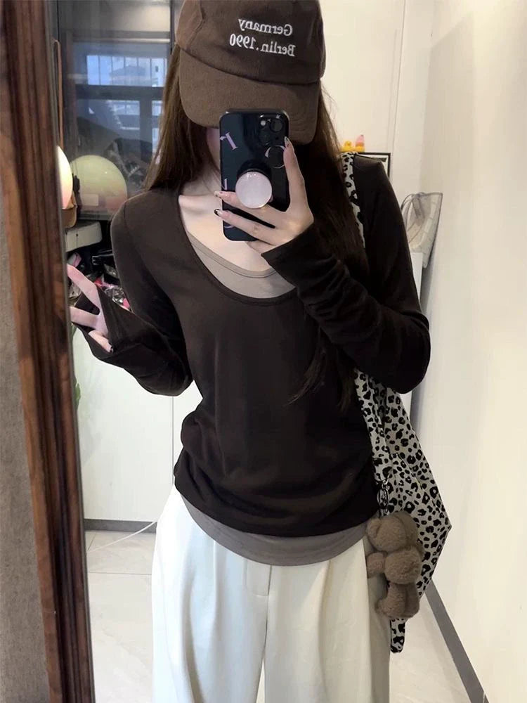 Coffee Fake Two-Piece Subculture Y2K E-girl Light Subculture Vintage Retro Long Sleeve Top