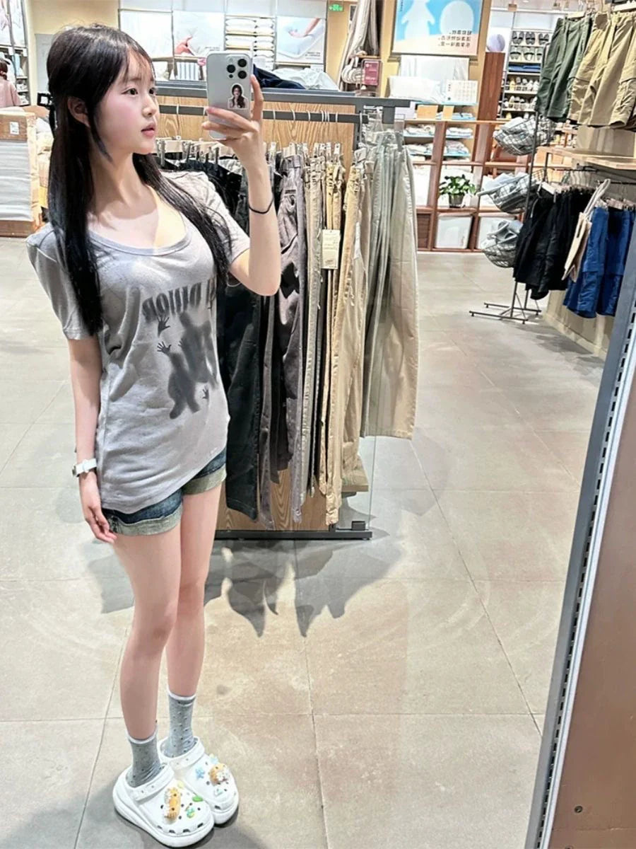 Gray Subculture Y2K E-girl Abi American Retro Phantom Print Light Subculture Short Sleeve Top