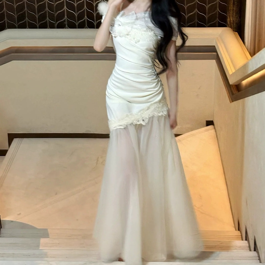 French Lace Tulle One Shoulder Mermaid Gown Dress