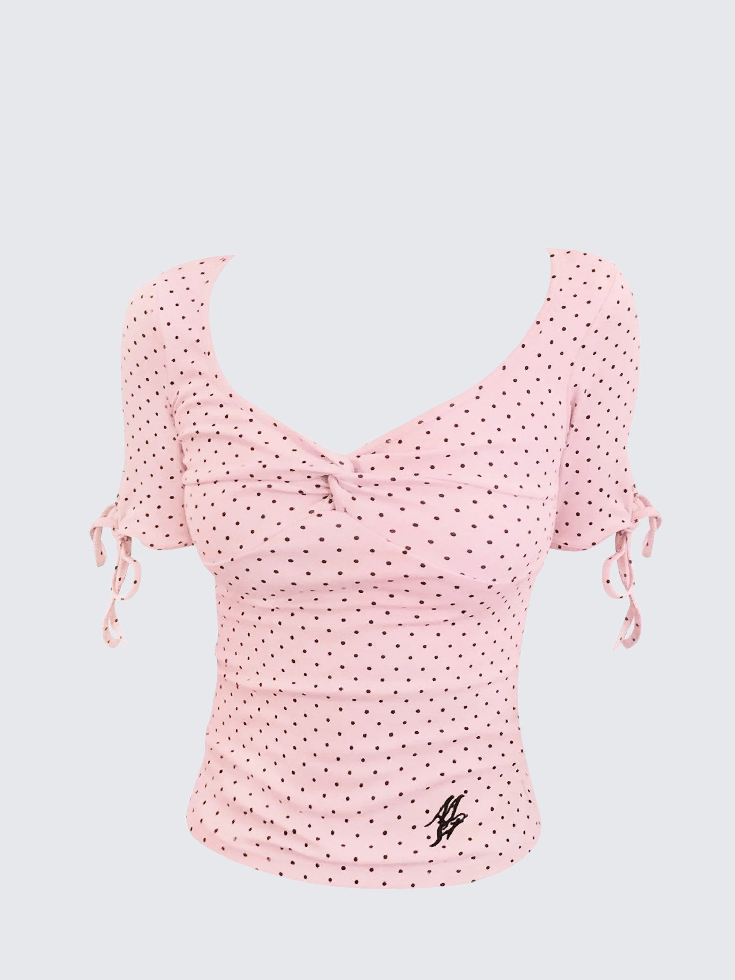 Korean Pink Polka Dot V-Neck Tie Short Sleeve Top