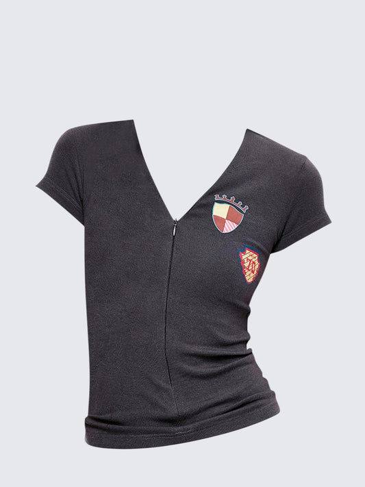 Retro Zip V-Neck Sport Short Sleeve Top
