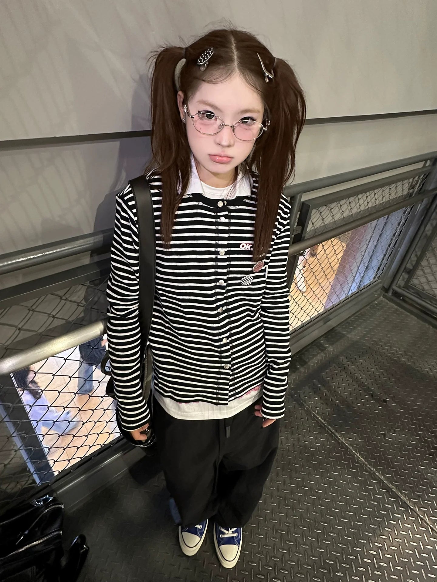 Retro Black White Striped Knit Cardigan Loose Fit