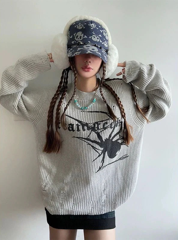 Gray Y2K Punk Light Subculture Retro Distressed Sweater