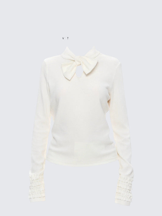 Korean White Bow Collar Lace Long Sleeve T-Shirt