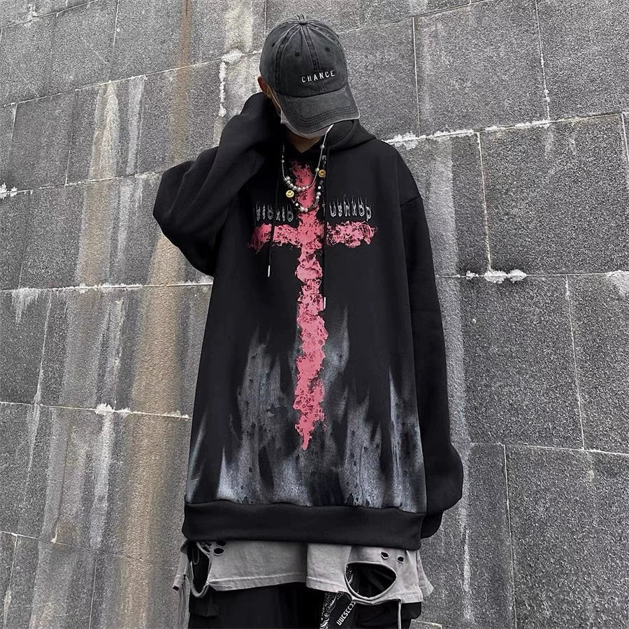 Black Y2K Rock Punk Cross Fleece-Lined Hoodie