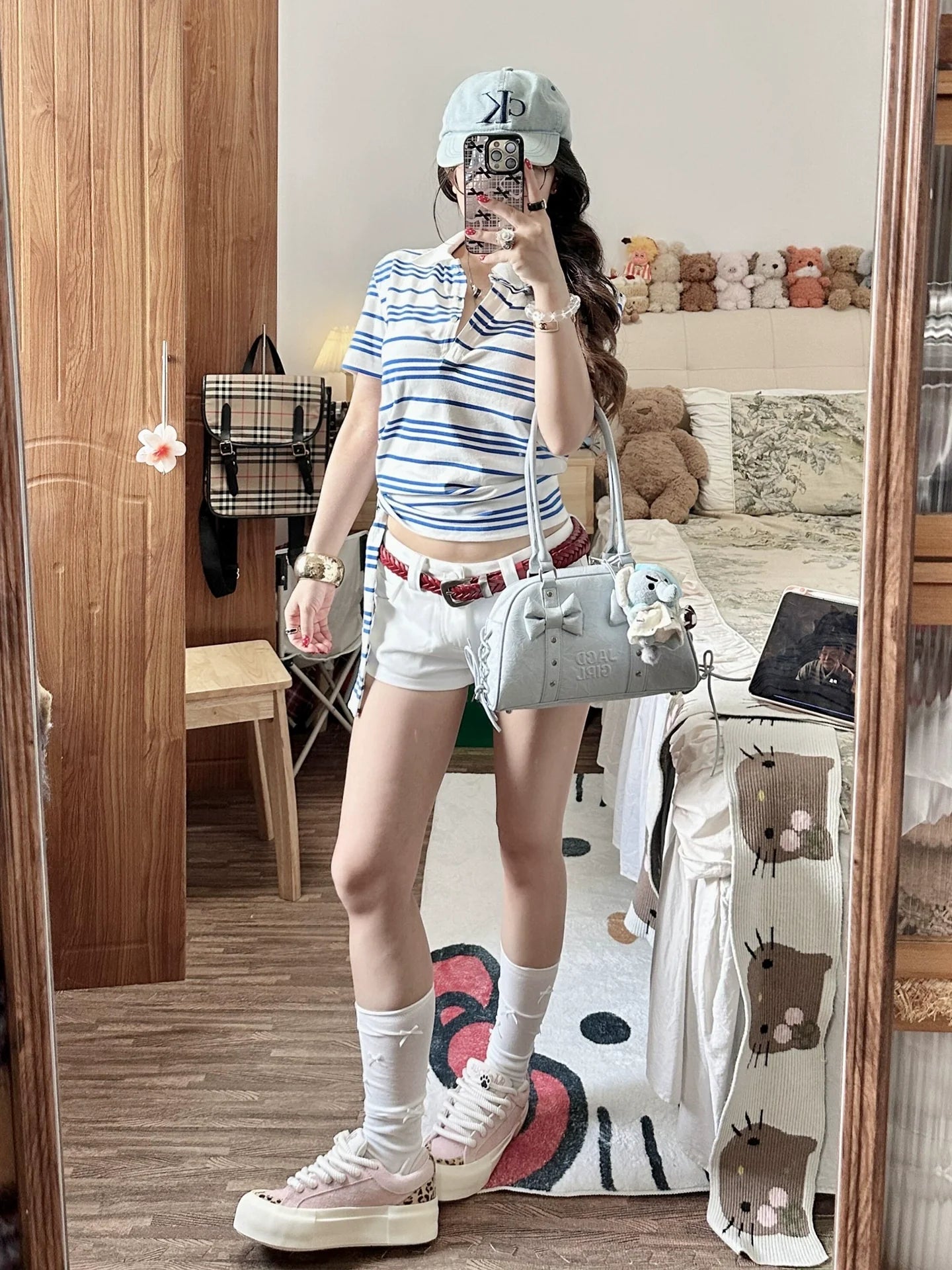 Preppy Blue Striped Short Sleeve Polo Top Summer Y2K Shirt