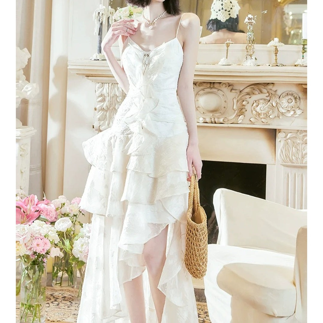 French Asymmetrical Jacquard Drawstring Gown Dress