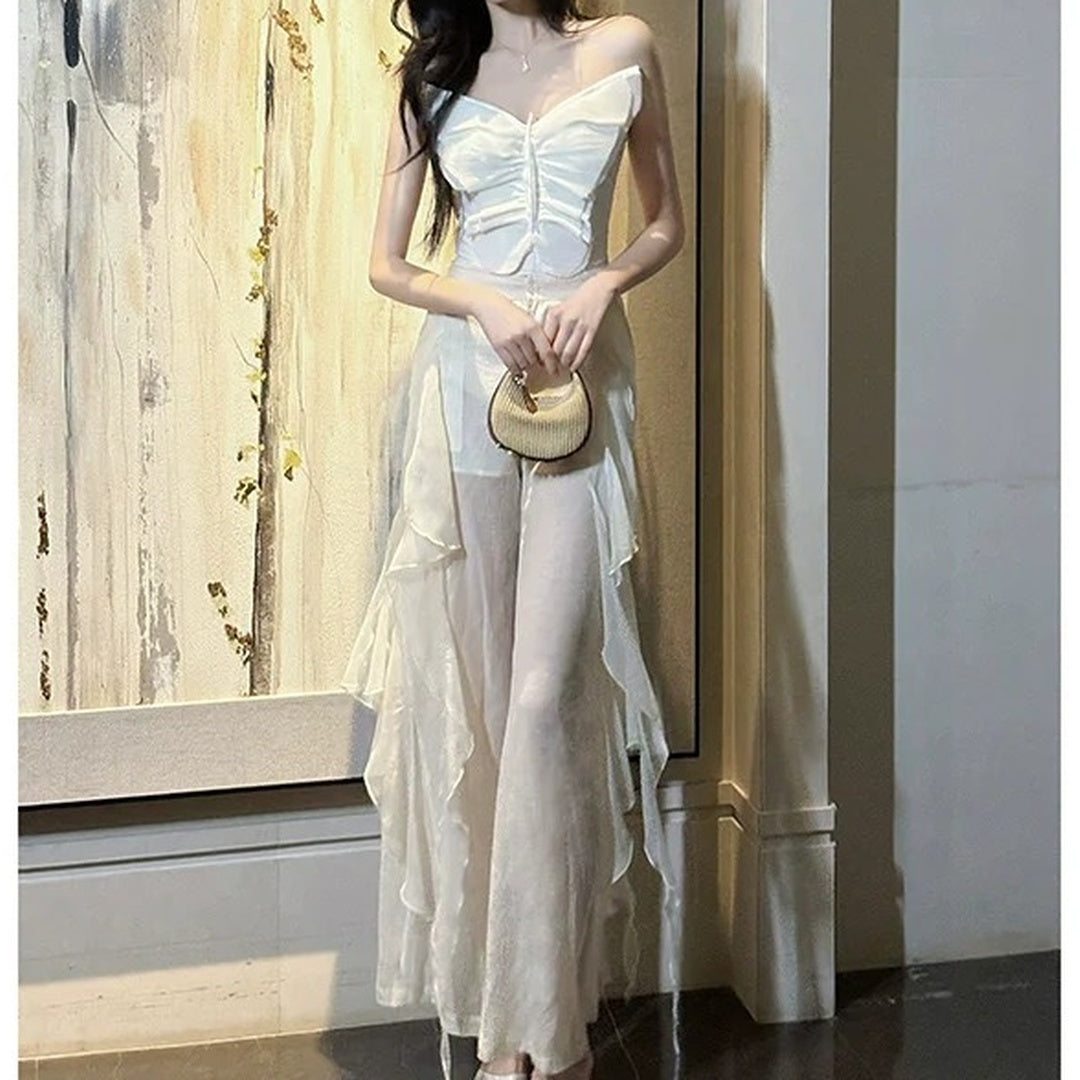 Strapless Butterfly Bone Top Chiffon Pants Set