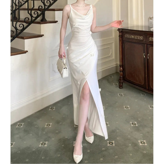 French Slim Fit Spaghetti Strap Slit Gown Dress