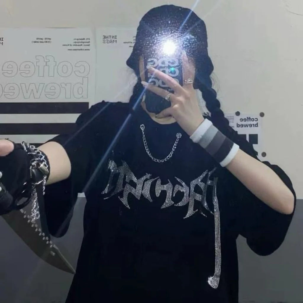 Black Subculture Punk Hip-Hop Y2K E-girl Rhinestone Chain Oversized Short Sleeve Top