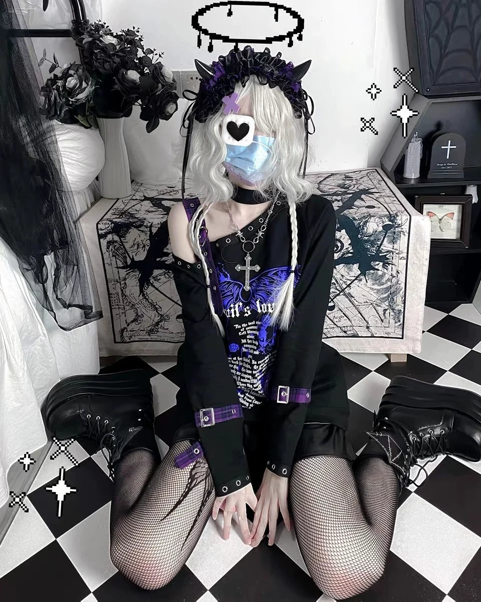 Black Demon Love Cross-Chain Off-Shoulder Hoodie Y2K Hoodie