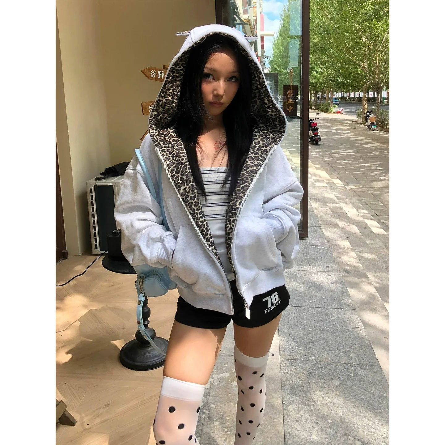 Retro Leopard Ear Hoodie Zip Up Top