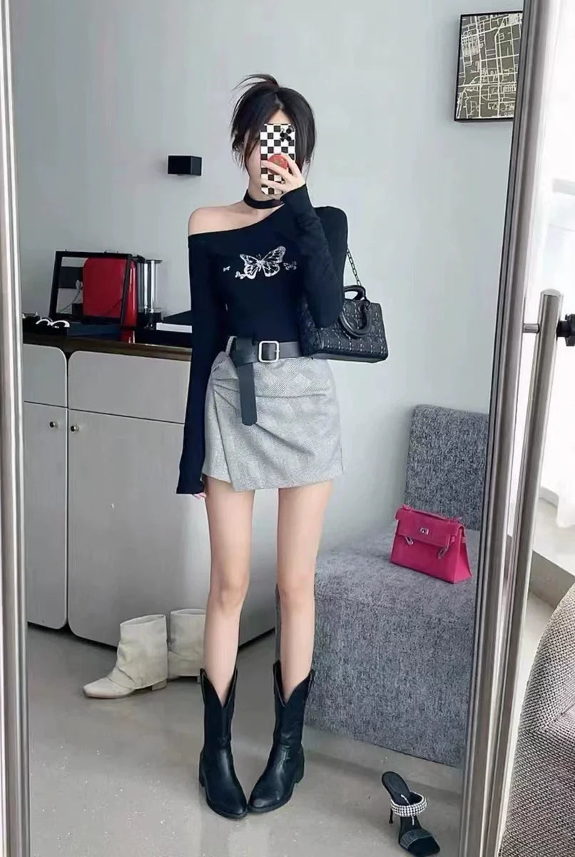 Black Subculture Punk Y2K E-girl Butterfly Print Off-Shoulder Niche Long-Sleeve Top