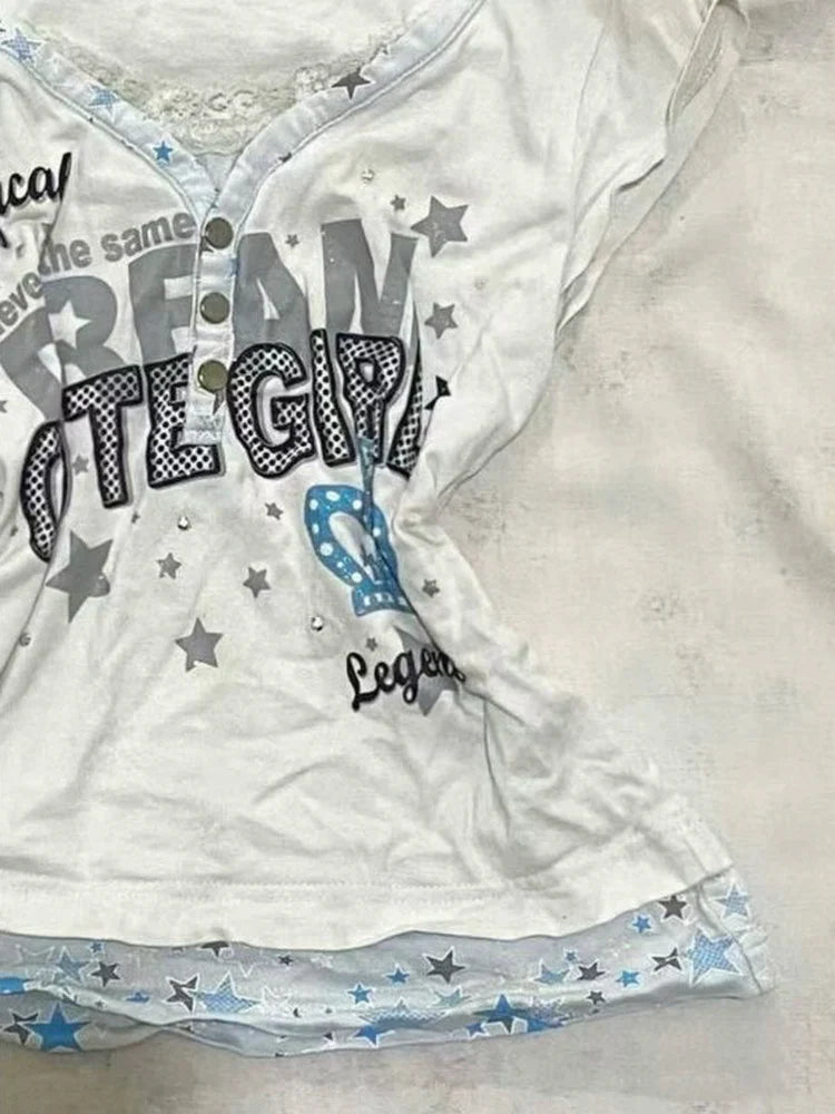 Vintage V-Neck Fake Two-Piece Y2K T-Shirt