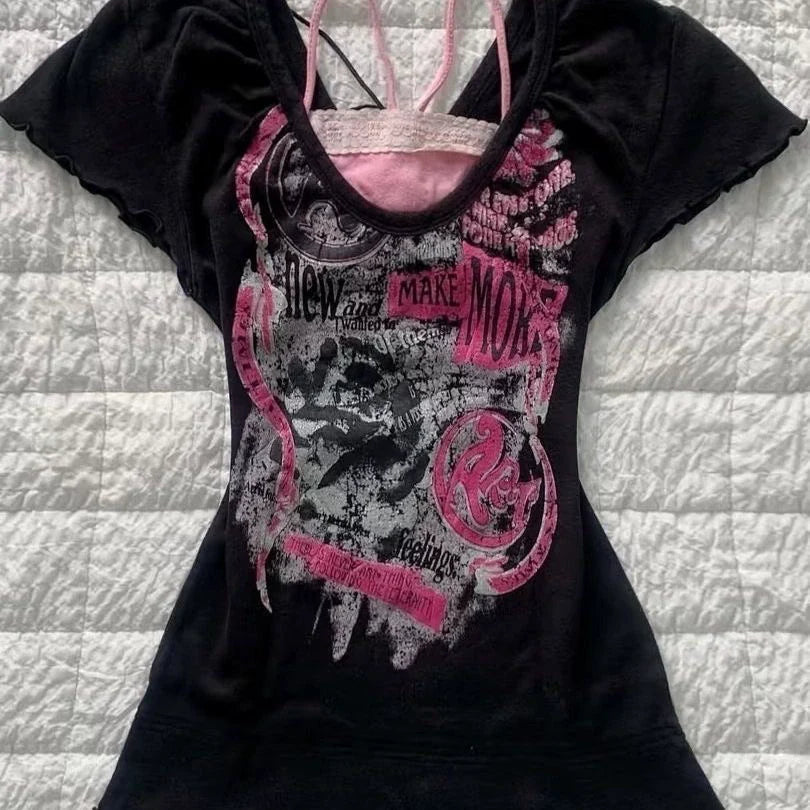 Black Subculture Punk Y2K Abi E-girl American Retro Print Fake Two-Piece Short Sleeve Top