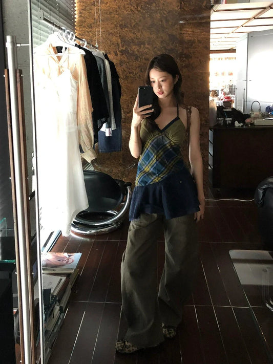 Retro Plaid V-Neck Halter Backless Mini Dress