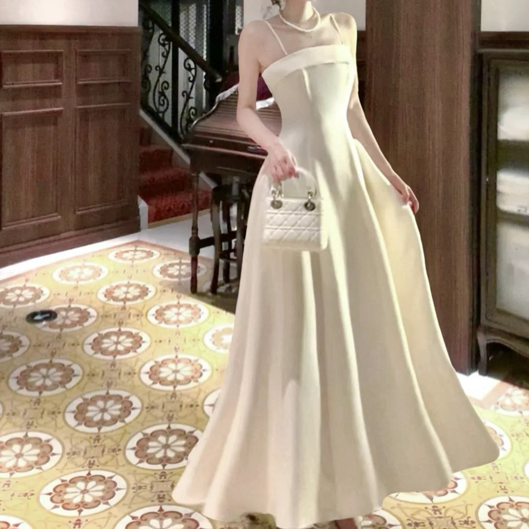 French White Spaghetti Strap Satin Bustier Waist Gown Dress