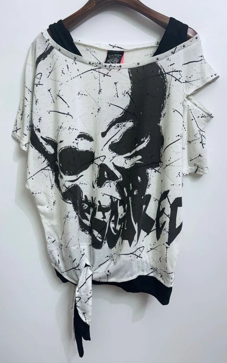 Black and White Bat Sleeve Fake Two-Piece Y2K T-Shirt